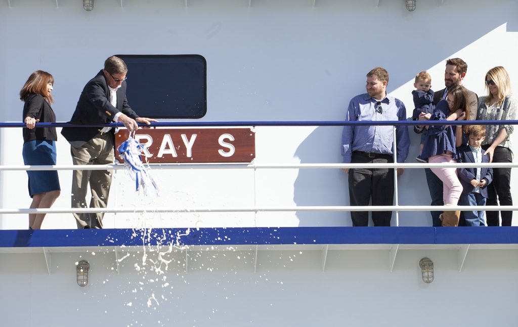 Ray Sick christens namesake vessel.