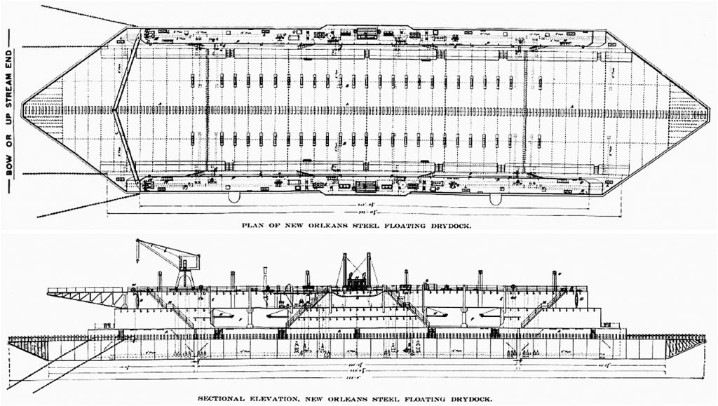 Plan (top) and profile (bottom) views of the Algiers naval drydock.