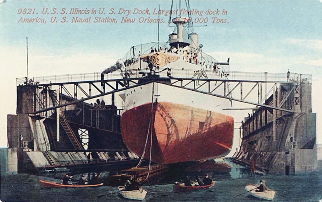 Vintage postcard showing battleship USS Illinois in drydock at Algiers, 1902.