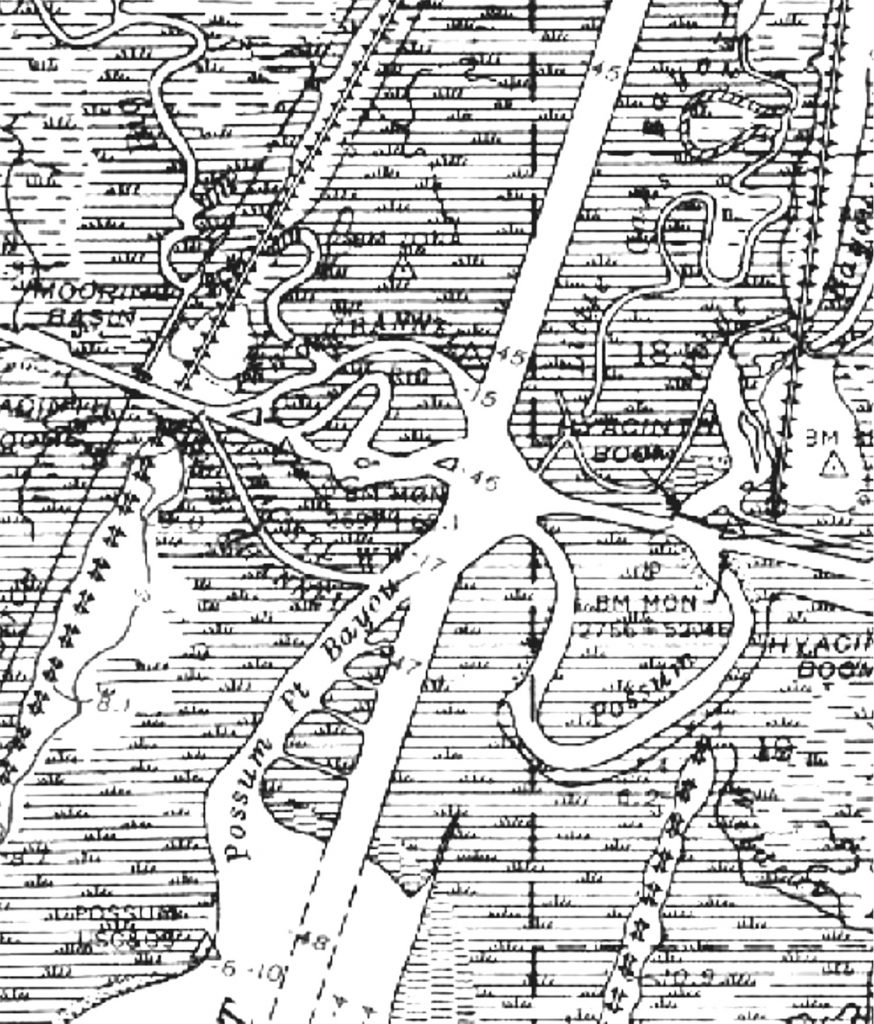 Detail of Corps of Engineers survey map “Belle Isle, La.” in 1941 shows north and south navigation channels west of the spillway.