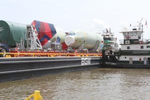 Four sets of Airbus components discharge from LD SEAPLANE’S RO-RO service at the port authority’s Pier 8 ramp.  The components are loaded to barge and transported to Arlington Dock at the Brookley complex—home to Airbus’ U.S. manufacturing facility.