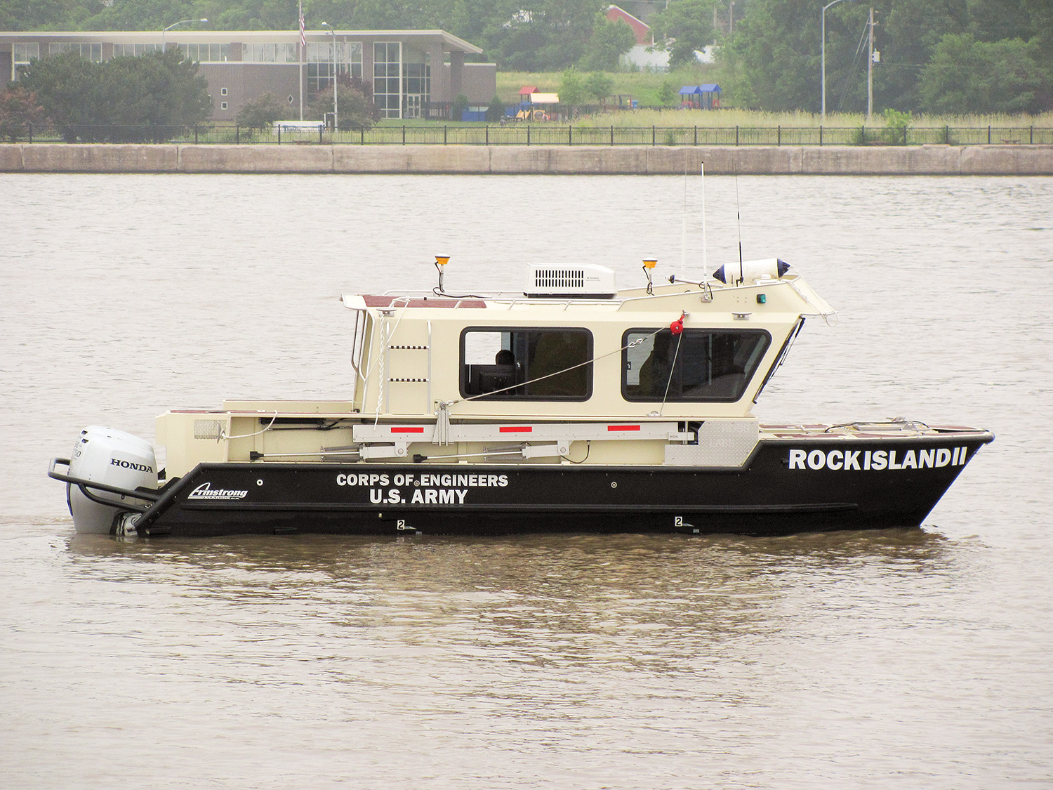 The SV Dubuque under way in the Mississippi River near the Rock Island District headquarters on the morning of June 12. The new hydrographic survey vessel is beginning its life on the river by performing condition surveys in Pools 15, 14 and 13. Rock Island II is a temporary name during the manufacturing process. Corps Headquarters approved Dubuque as the vessel’s permanent name following its arrival at the district.