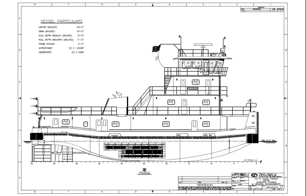 Drawing of a forthcoming Enterprise towboat. A total of four of these Sterling Marine-designed towboats will be built at Steiner Shipyard for Enterprise. (Courtesy of Enterprise Marine Services)