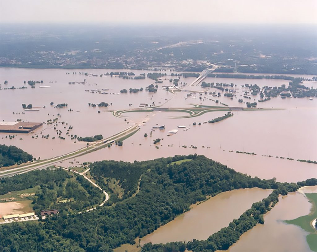 Aerial view of the Missouri River flooding on July 30, 1993, near Cedar City and Jefferson City Memorial Airport immediately north of Jefferson City, Mo., looking south. (Photo courtesy of the Missouri Highway and Transportation Department)