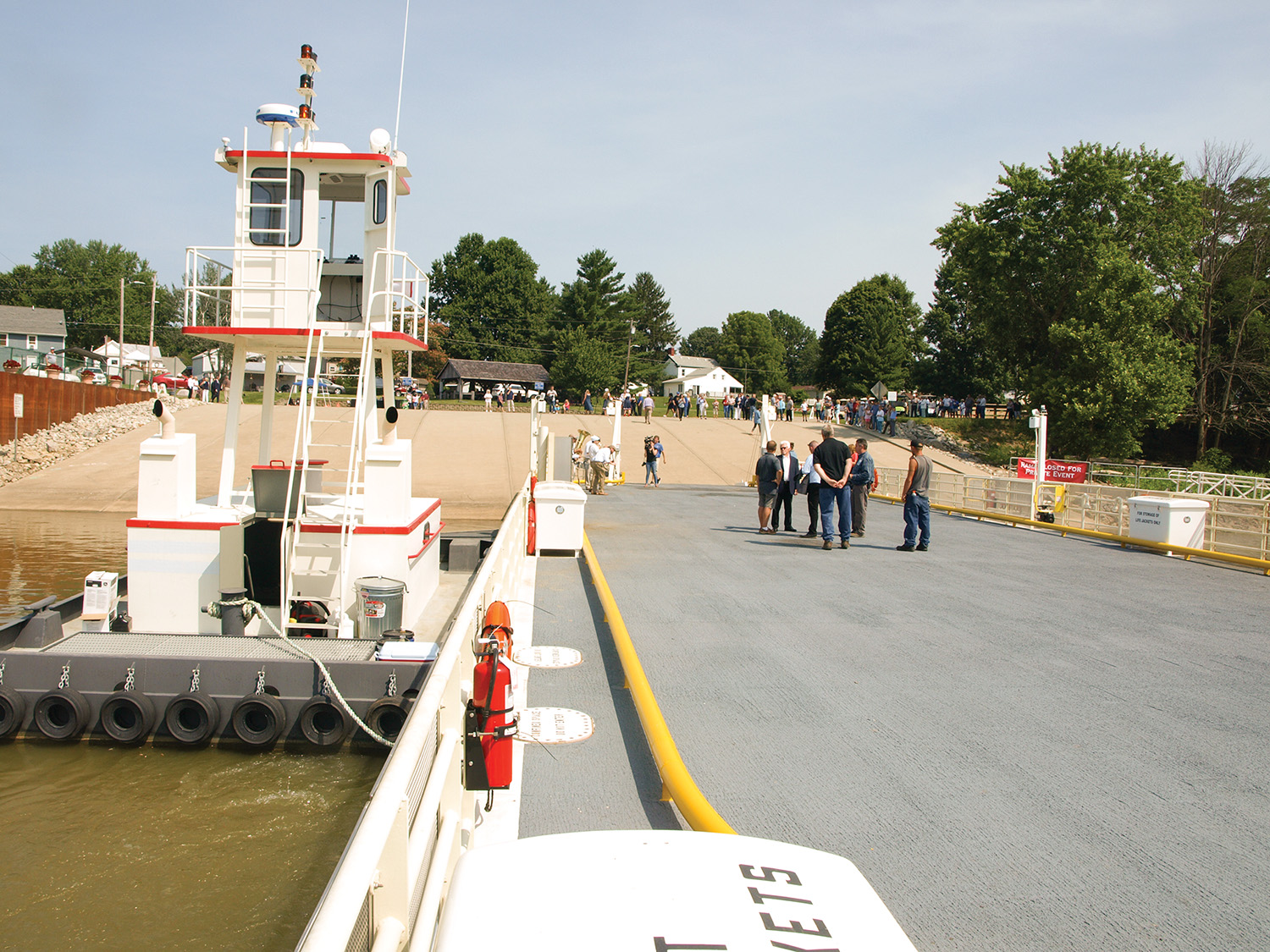 The new ferry boat and barge serving Rising Sun, Ind., and Rabbit Hash, Ky., were christened July 12 in a ceremony at Rising Sun. The ferry is owned and operated by Full House Resorts, the parent company of the Rising Star Casino and Resort at Rising Sun, Ind. (photo by Jim Ross)