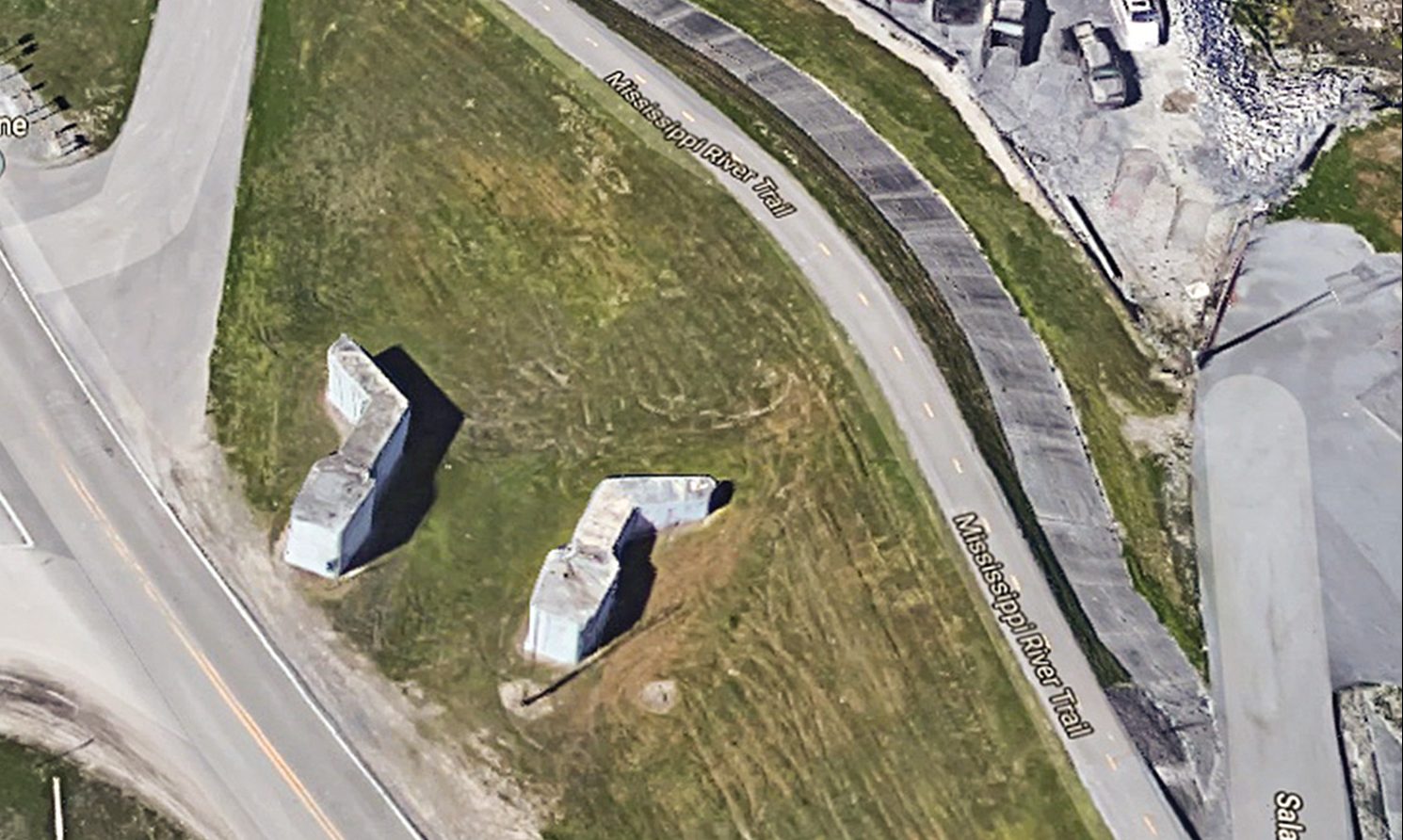 Satellite view of the remains of Westwego Lock near the offices of Progressive Barge Line in Westwego, La. (Google Maps image)