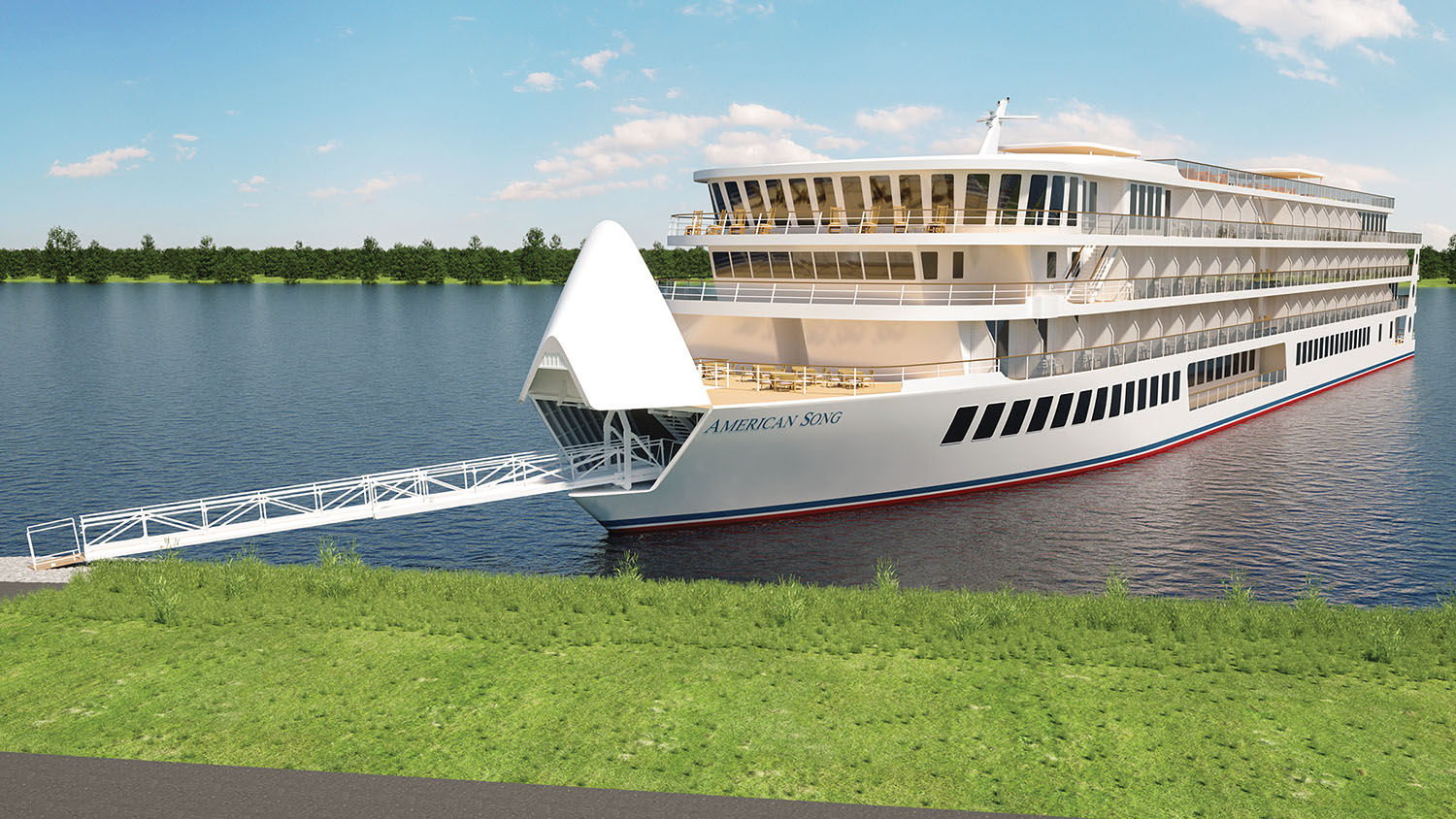 Vessel has flip-up bow with retractable gangway.
