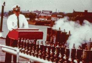 Capt. Doc Hawley at the calliope of the Str. Avalon in the 1950s.