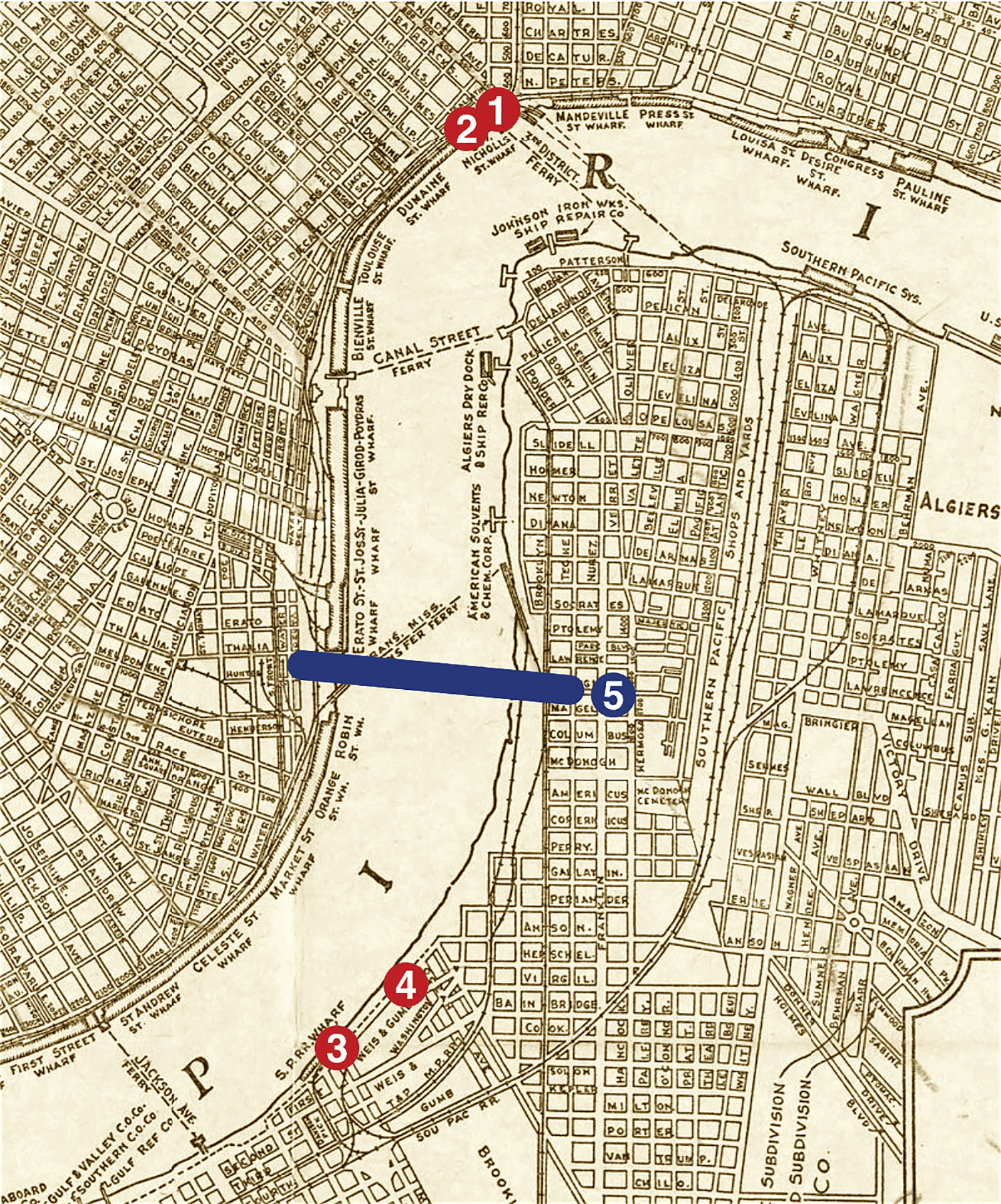 River traffic-related locations superimposed on a map of New Orleans published in 1931, one year before the first Algiers Point traffic control signals were installed. 1) Original Barracks Street Wharf traffic light. 2) Present-day Governor Nick. 3) Original Gretna Light. 4) Present-day Gretna Light. 5) Crescent City Connection bridges.