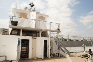Retrofitted deckhouse, which will house the ferry’s battery packs. (Photo by Frank McCormack)