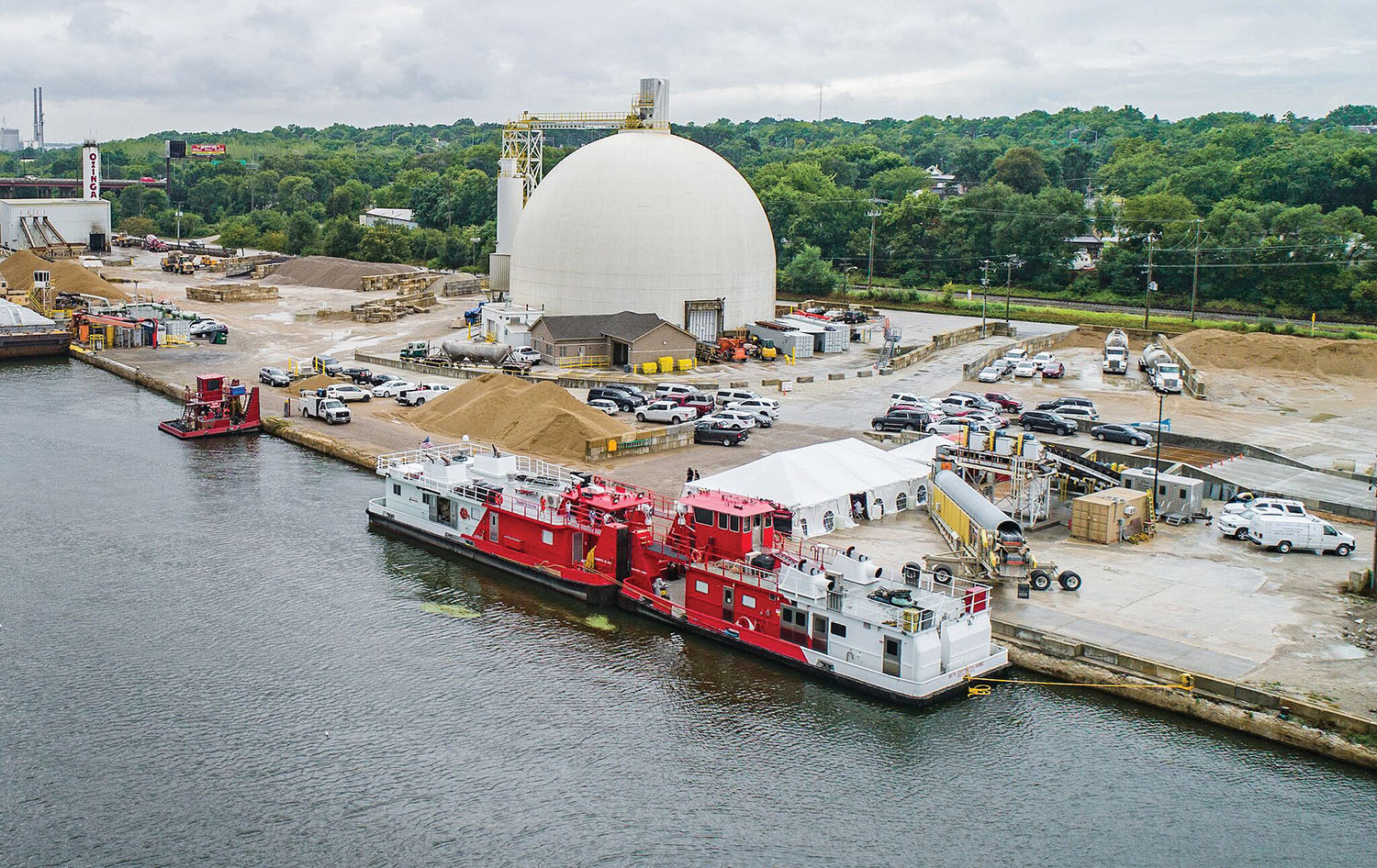 Boats face up at Joliet (Ill.) Terminal for the christening ceremony August 21. (Photo courtesy of Ozinga)