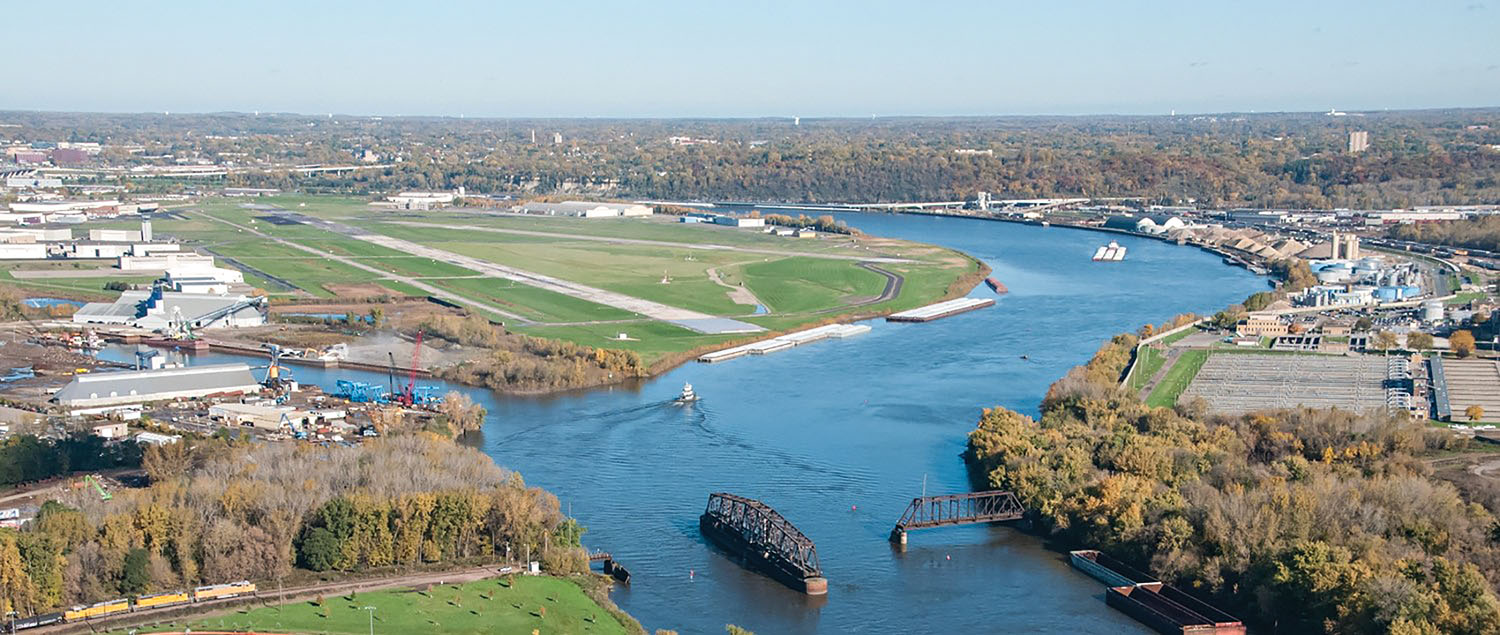 Aerial view of port facilities on the Upper Mississippi River in St. Paul, Minn.