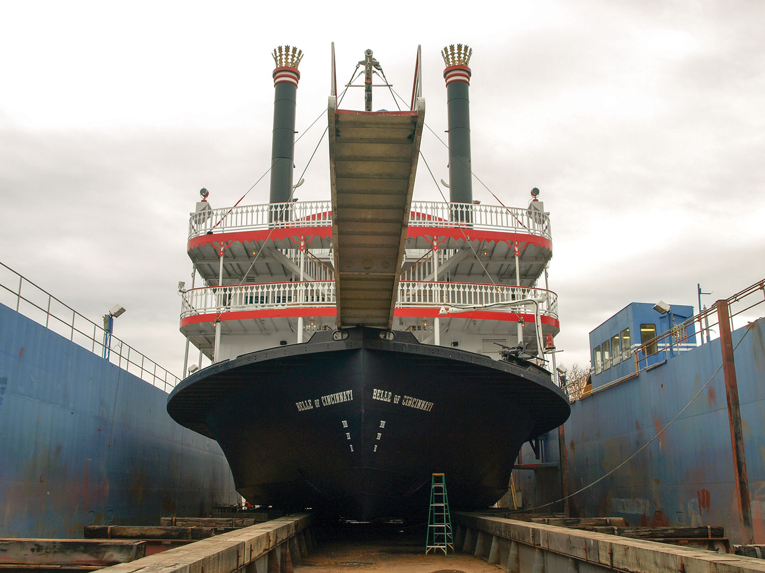 The Belle of Cincinnati was recently on O-Kan Marine Repair’s 240- by 80-foot drydock for its five-year inspection. (Photo by Jim Ross)