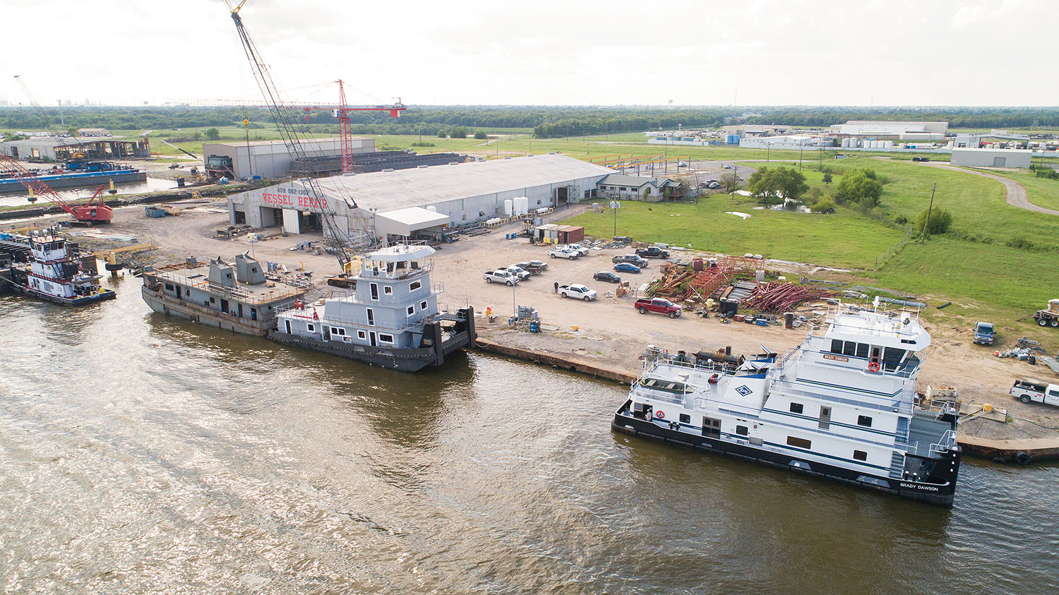 The Brady Dawson, right, is the first of four boats Vessel Repair is building for Kirby Inland Marine. (Photo by Frank McCormack)