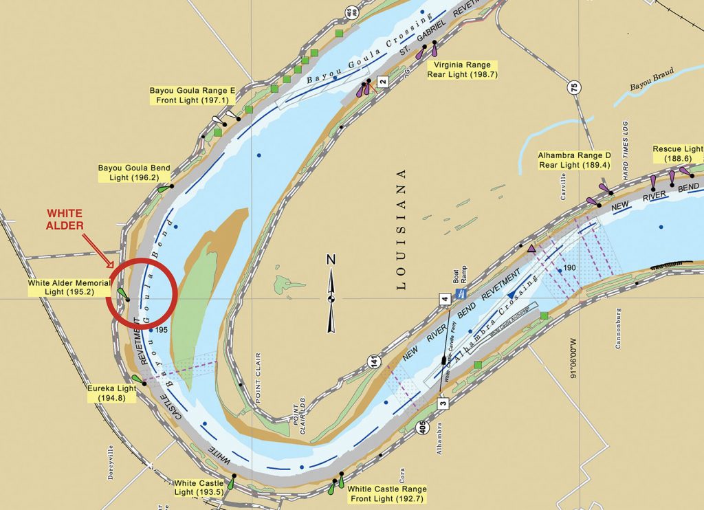 Corps map of Bayou Goula Bend altered to show location of the White Alder.