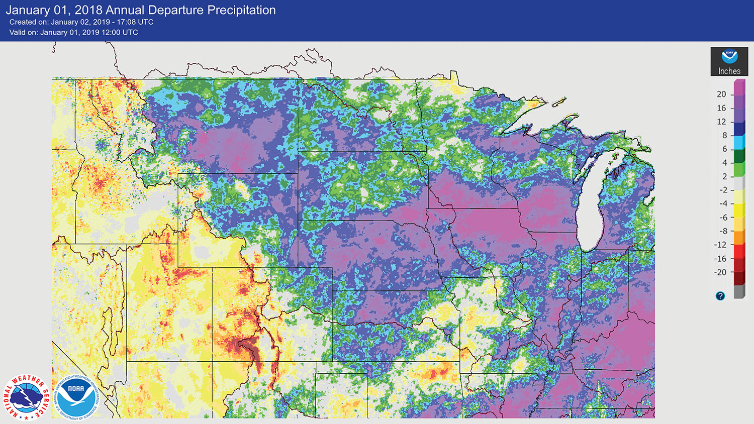 Map shows the departure from normal for annual rainfall in the Missouri River basin. For Yankton and Sioux Falls, S.D., 2018 was the wettest year on record. The Big Sioux, Elkhorn, Floyd, James, and Niobrara rivers and the Missouri River downstream from Gavins Point Dam—where flows are unregulated by dams—saw annual precipitation 8 to 20 inches above normal. (—image courtesy of National Weather Service water.weather.gov)