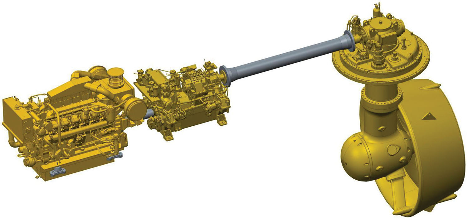 The Caterpillar AVD shown connecting an engine and a hydrostatic motor to a single propeller. This design allows the engine and other systems to operate independently of the propeller, improving performance and increasing fuel efficiency.