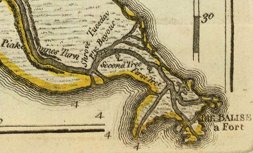 A British military mapmaker in 1775 translated the Mardi Gras location name into English as “Shrove Tuesday Pt. & Bayouc.”