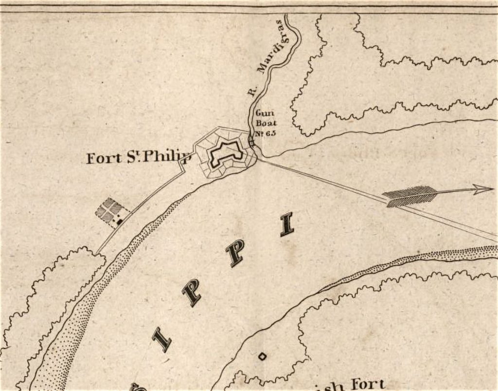 An 1815 military map showed a gunboat stationed in “R. Mardigras” alongside Fort St. Philip. The “R” would be for “rivière,” meaning river or chute. The straight lines are target arcs from British ships downriver bombarding the fort at a range of 4,000 yards.