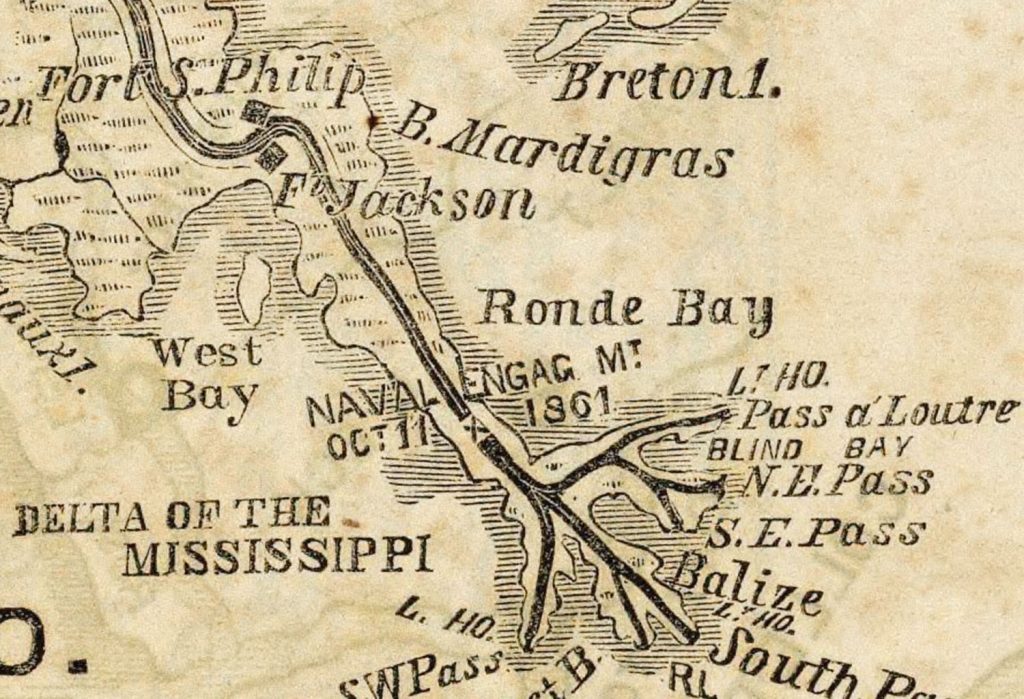 Detail of a map of “New Orleans and Surrounding Country” published by the New York Herald in 1861 to show military positions at the beginning of the Civil War.