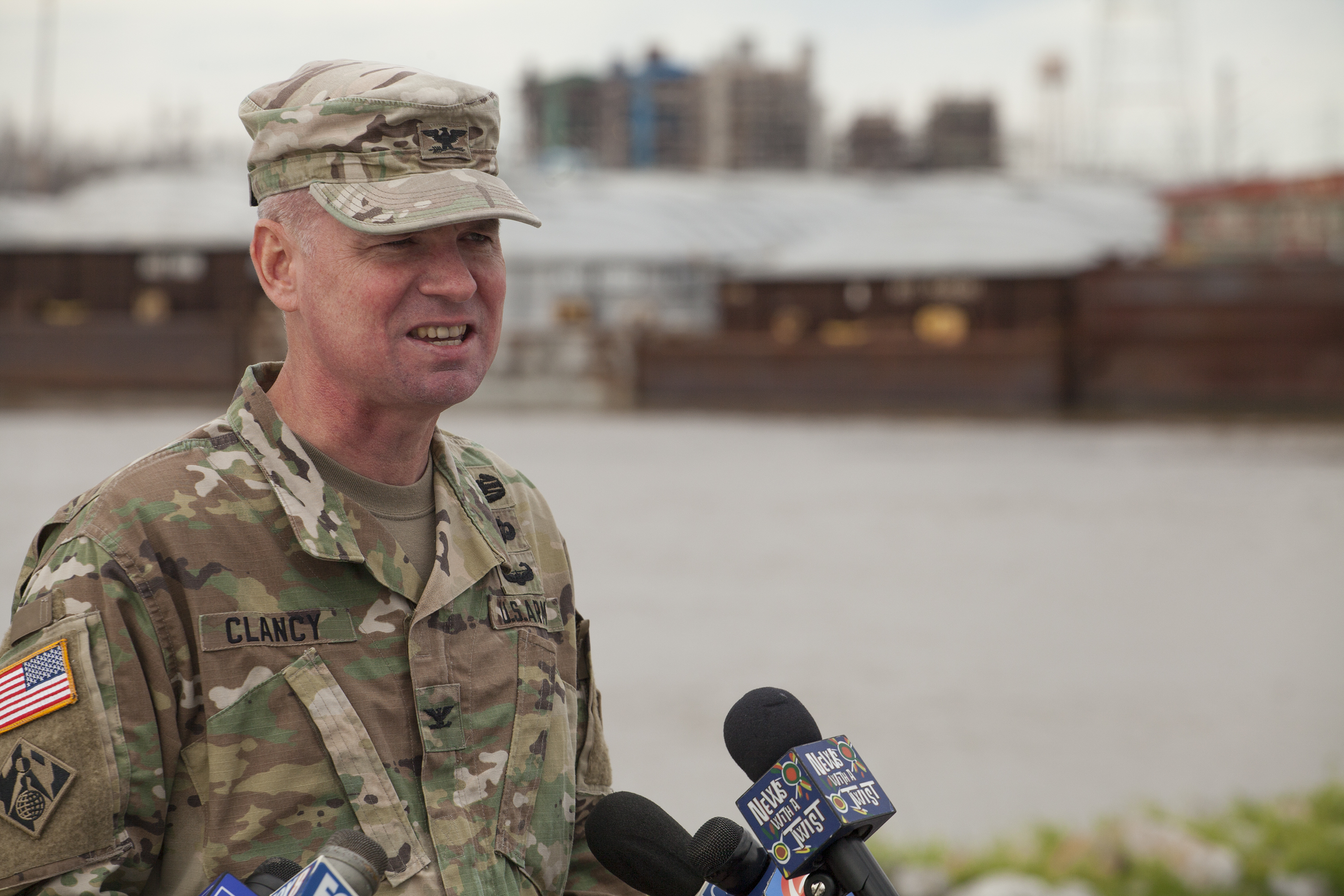 Col. Michael Clancy, commander of the New Orleans Engineer District, stands outside the Corps office in New Orleans February 25 to announce the decision to open the Bonnet Carré Spillway on February 27.