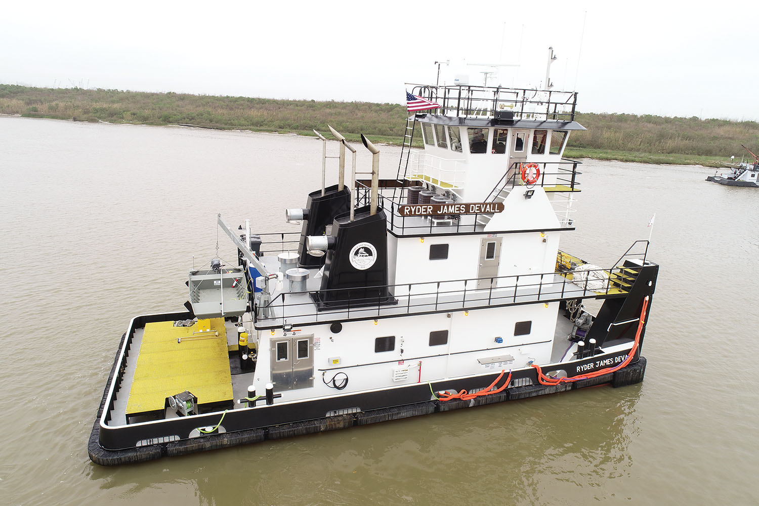 The vessel is the first of four for Devall Towing & Boat Service from Southwest Shipyard Brady Island. (Photo courtesy of FlyGuys drone service)