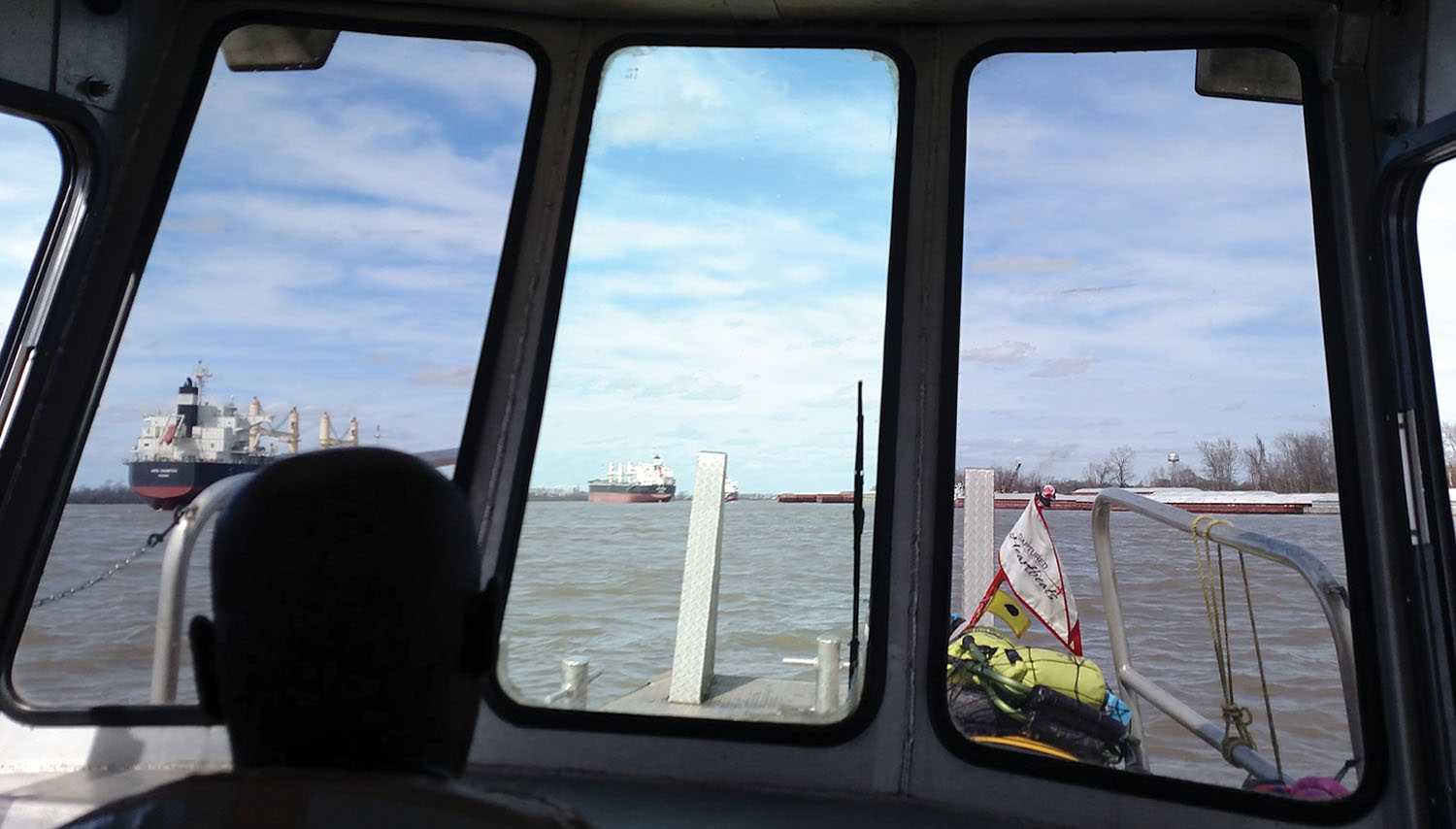 Rich Brand’s view from a Cooper Consolidated crew boat after Cooper fleet mates Brian Hoyal and Charles Abadie Jr. went to his aid February 14. Brand’s kayak can be seen on the bow of the crew boat. (Photo by Rich Brand, Captured Heartbeats)