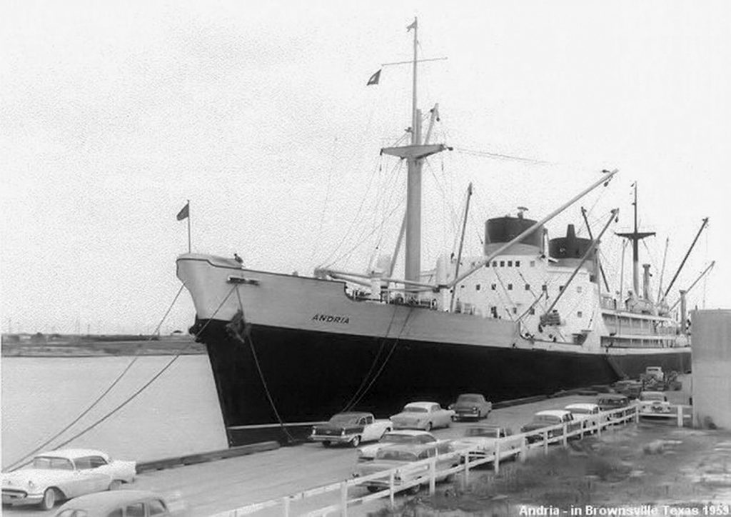 The Union Faith, with its previous name Andria, dockside in Brownsville, Texas, in 1959.