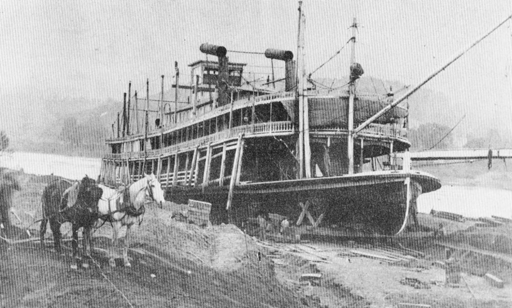 During efforts to refloat the stranded steamboat. (Keith Norrington collection)