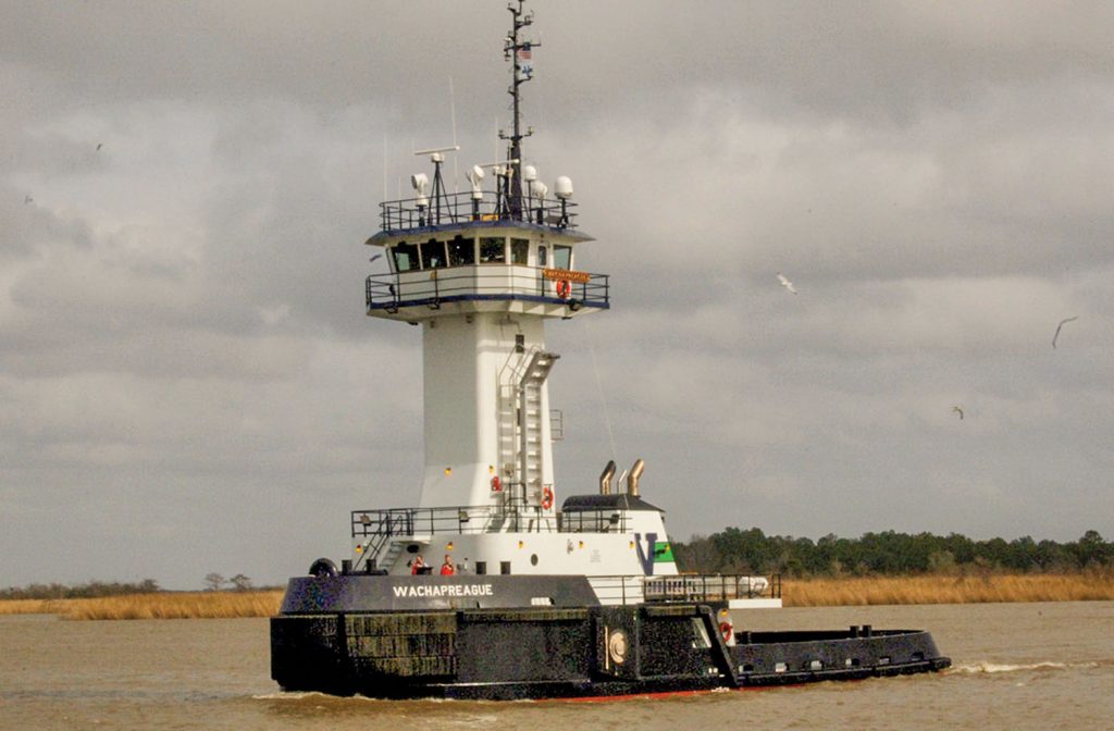 The 110-foot Wachapreague, named for a city on the eastern shore of Virginia, has a breadth of 38 feet and a design draft of 15 feet, 4 inches.