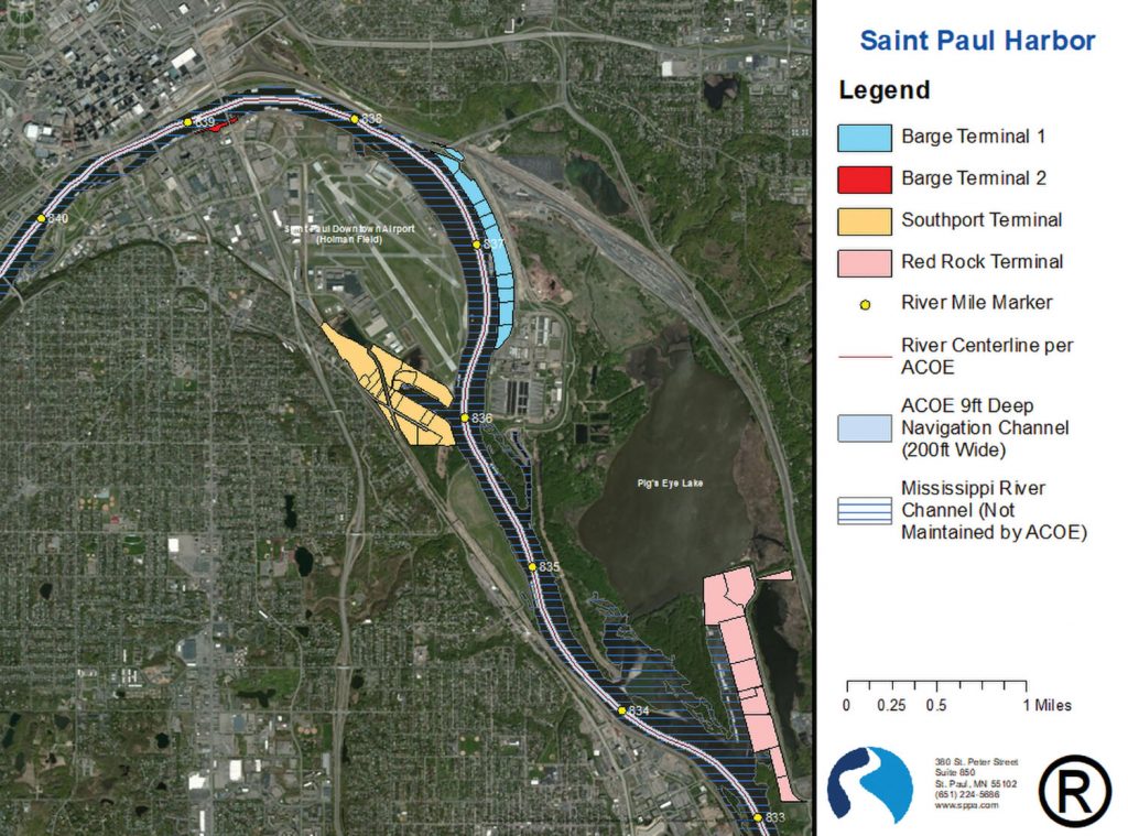 The Port of St. Paul occupies six miles of the Upper Mississippi River, from Mile 839 south to Mile 833. The port’s four terminals are color coded. Private terminals with their own dock facilities are also operated in this stretch of river. (Map courtesy of the St. Paul Port Authority.)