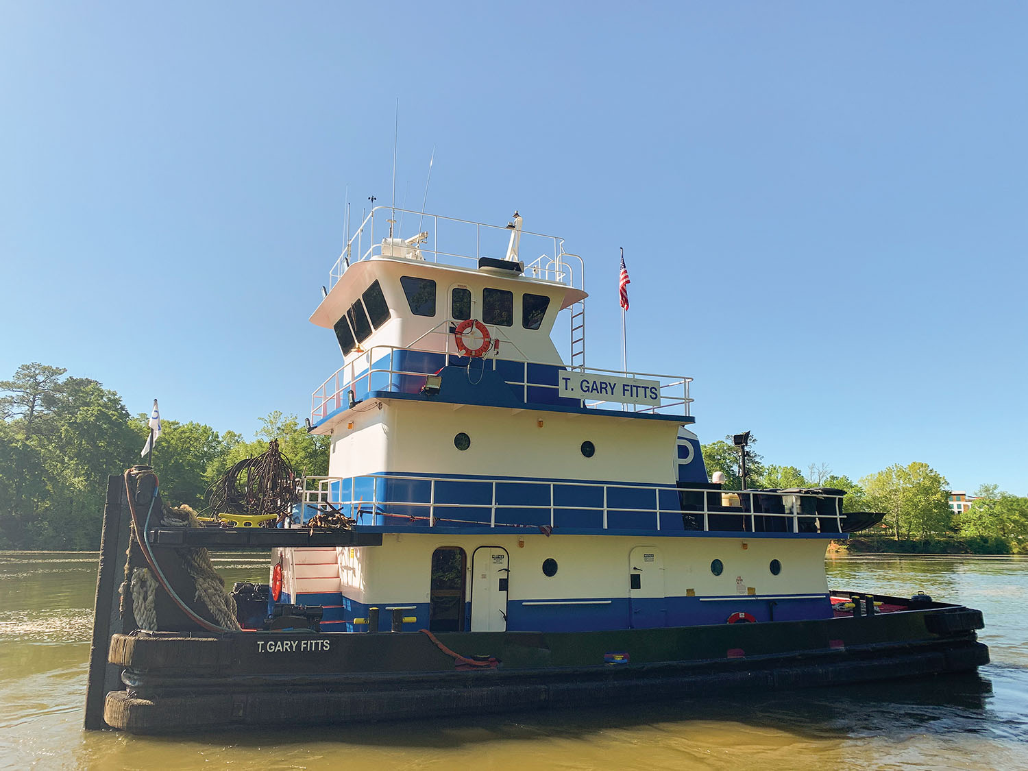 The mv. T. Gary Fitts was originally named Daphne Renee and later L.W. Nelson. Parker Towing Company renamed it in honor of the owner of the company’s longtime insurance broker.