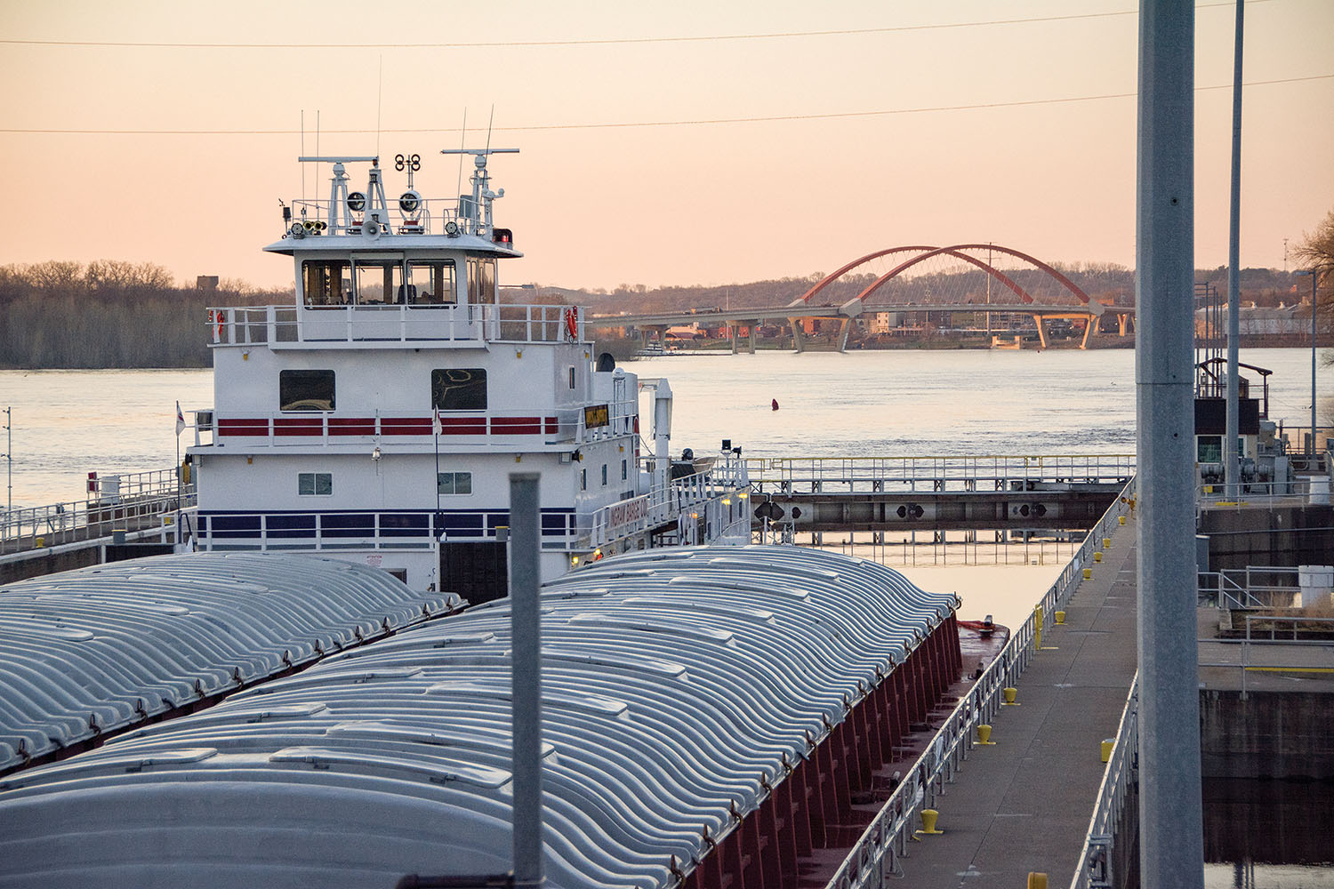 The mv. Aaron F. Barrett transits Upper Mississippi River Lock 2 April 24 to reach the Port of St. Paul. (Photo by Patrick Loch, St. Paul Engineer District)