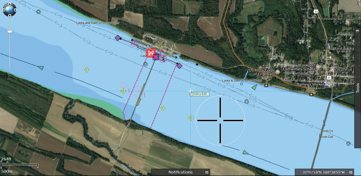 Virtual ATON transmitted at Lock and Dam 52 to indicate the passage around the locks during high water; as seen on the Corps’ LOMA display.