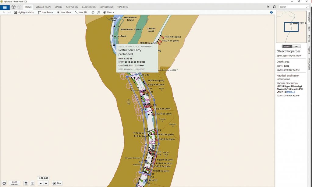 A Geographic Notice (GN) transmitted via AIS to indicate the closure of the Mississippi River near St. Louis; as seen on electronic charting software.