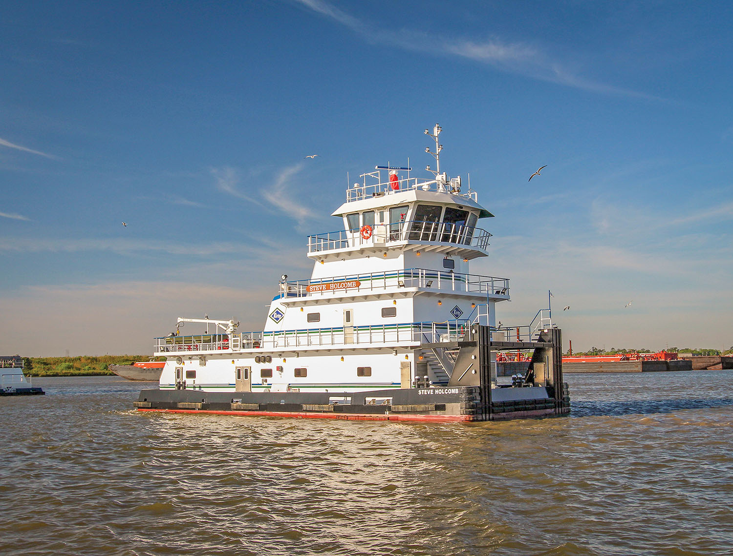 The mv. Steve Holcomb is the first boat to come out of San Jac Marine LLC, Kirby’s new shipyard on the site of the former Sneed Shipbuilding. (Photo courtesy of Kirby Inland Marine)