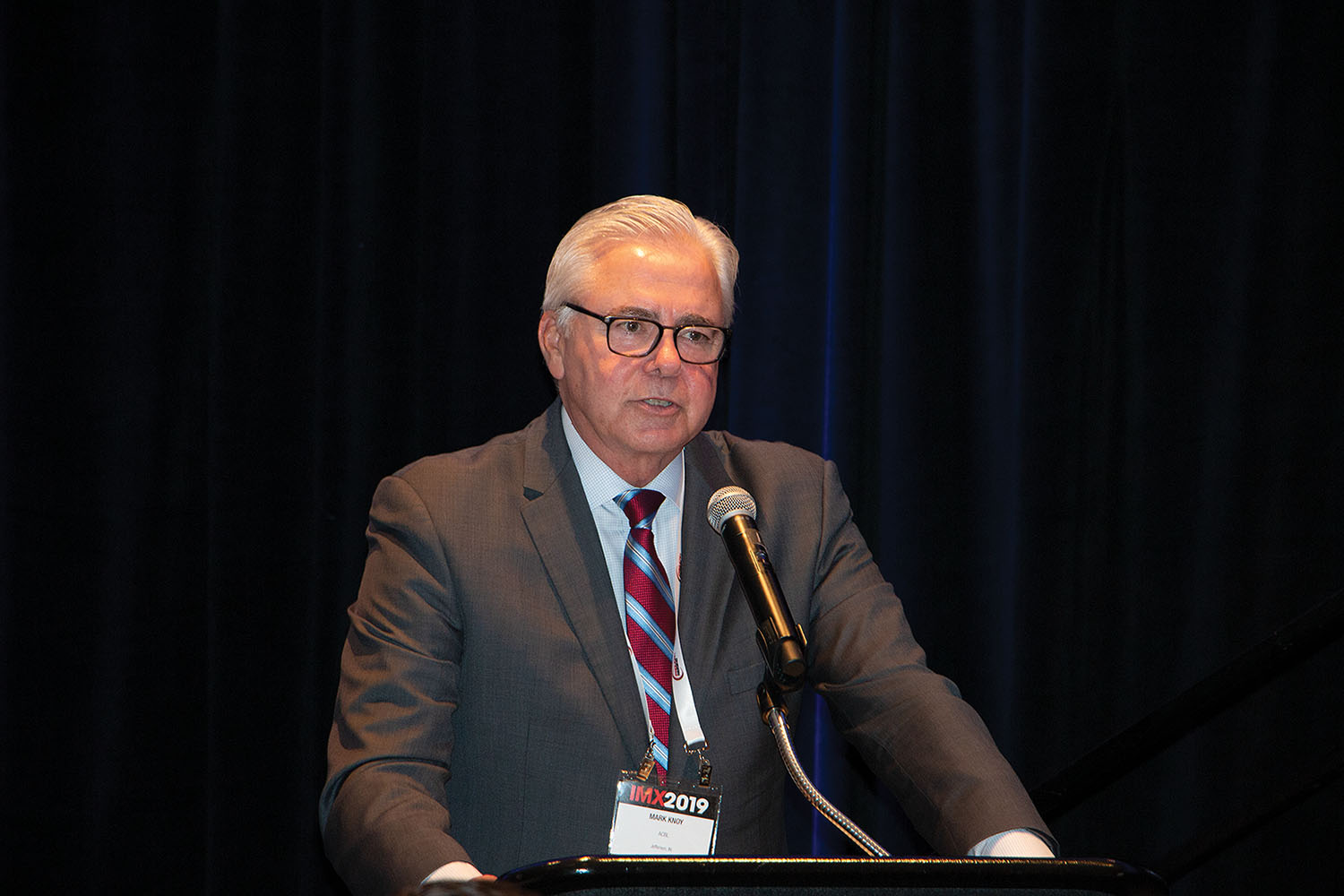 Mark Knoy, president and CEO of American Commercial Barge Line, speaks during IMX general session on May 22. (Photo by John Shoulberg)