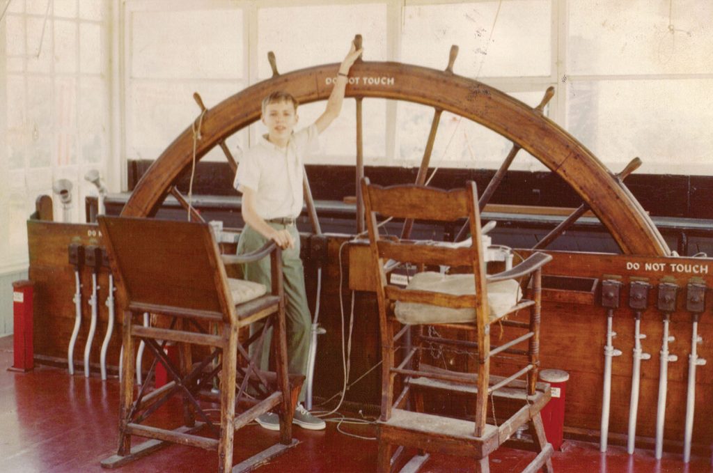 The writer, age 15, at the wheel of the steamer Sprague, June 1969. (Keith Norrington collection)