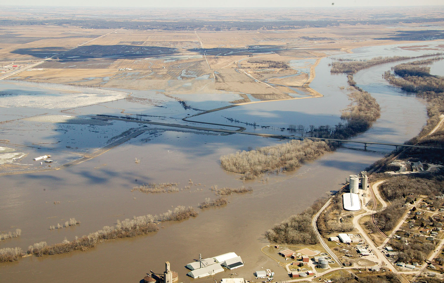 An aerial view of flooding from overtopping of levee L575 near Nebraska City, Neb., on March 16. The Missouri River reached levels never before recorded as the flooding Platte River entered the Missouri at Plattsmouth, Neb. (Photo courtesy of Omaha Engineer District)