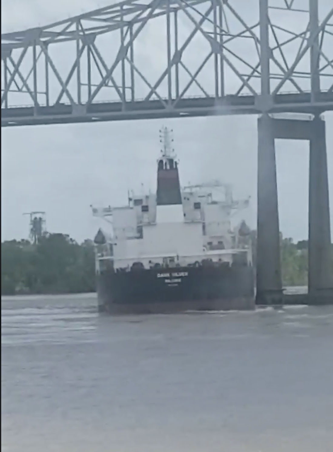 Screen capture from video posted on social media of ship hitting the protective girder of the Sunshine Bridge.