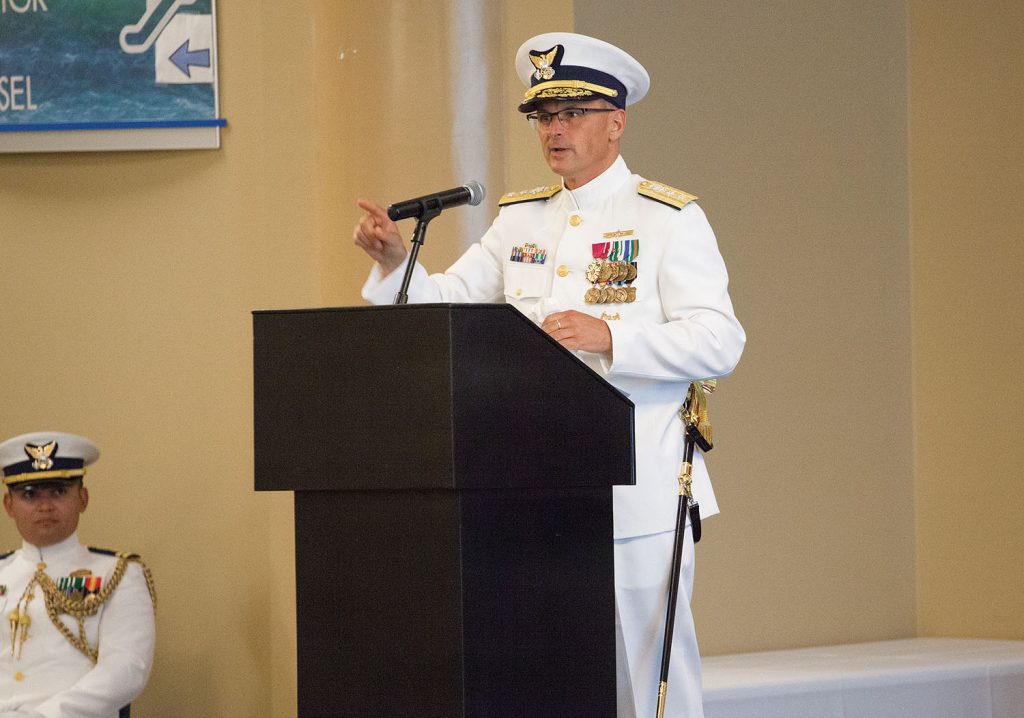 Rear Adm. John Nadeau, the new commander of the Eighth Coast Guard District, speaks during change-of-command ceremony July 23. (Photo by Frank McCormack)