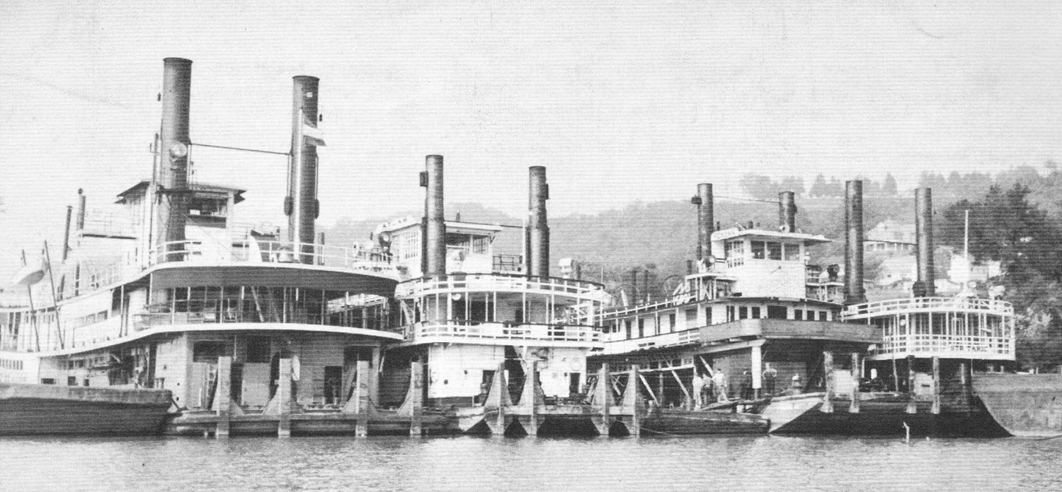 The towboats Robert F. Brandt, Atlas, Renown and Taric at Gallipolis in 1947. (Keith Norrington collection)