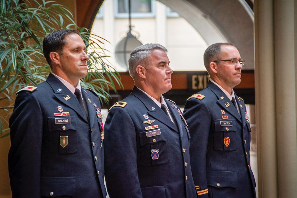 Col. Karl Jansen (right) became the St. Paul District’s 66th district engineer during a change of command ceremony at the Landmark Center in St. Paul, Minn, July 10. The event, officiated by Maj. Gen. Richard Kaiser (center), Mississippi Valley Division commander, was held to formally transfer command responsibility from Col. Sam Calkins (left), outgoing district commander, to Jansen. (St. Paul Engineer District photo)