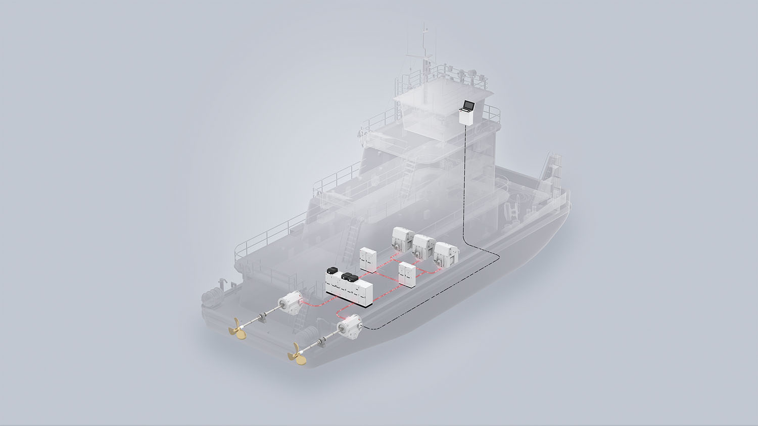 Towboat layout with three generators and two propellers. (Graphic courtesy of ABB)