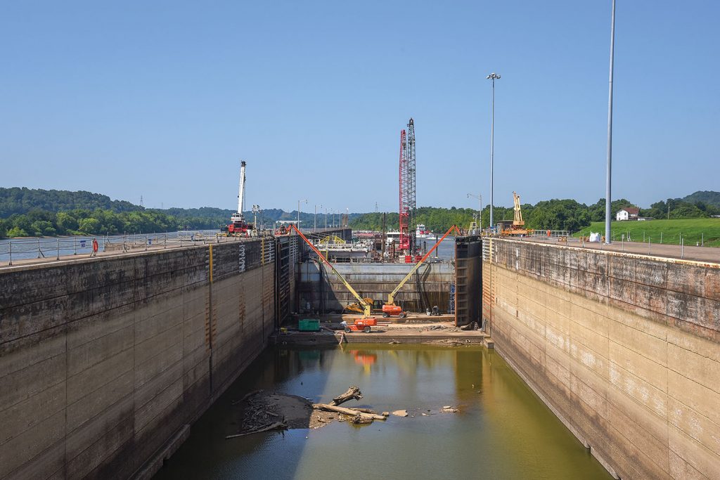 Work has begun on repairing the main gates at the Willow Island Locks and Dam now that the main chamber has been dewatered. The project began in early July and could run through October. (Photo by Jim Ross)