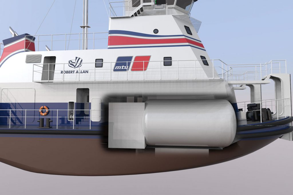 Cutaway shows placement of LNG tank in vessel.