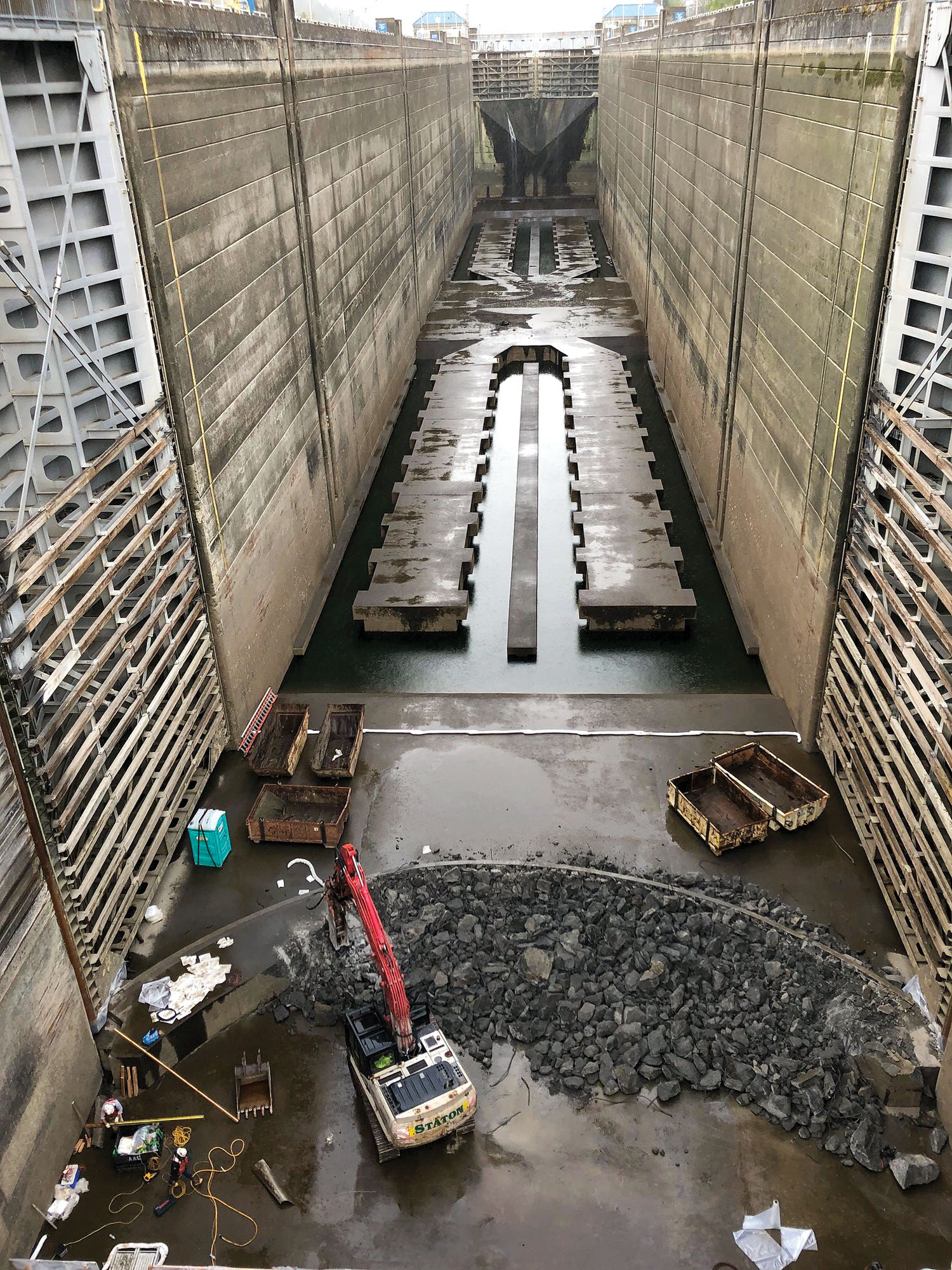 Bonneville Lock on the Columbia River has been closed since September 5 because of cracks in the concrete sill. (Photo courtesy of Portland Engineer District)