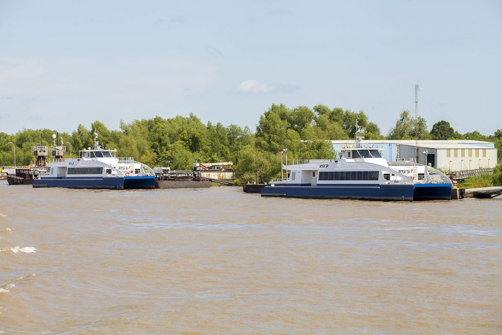 The two new ferries have been tied up just below New Orleans for a year. (Photo by Frank McCormack)