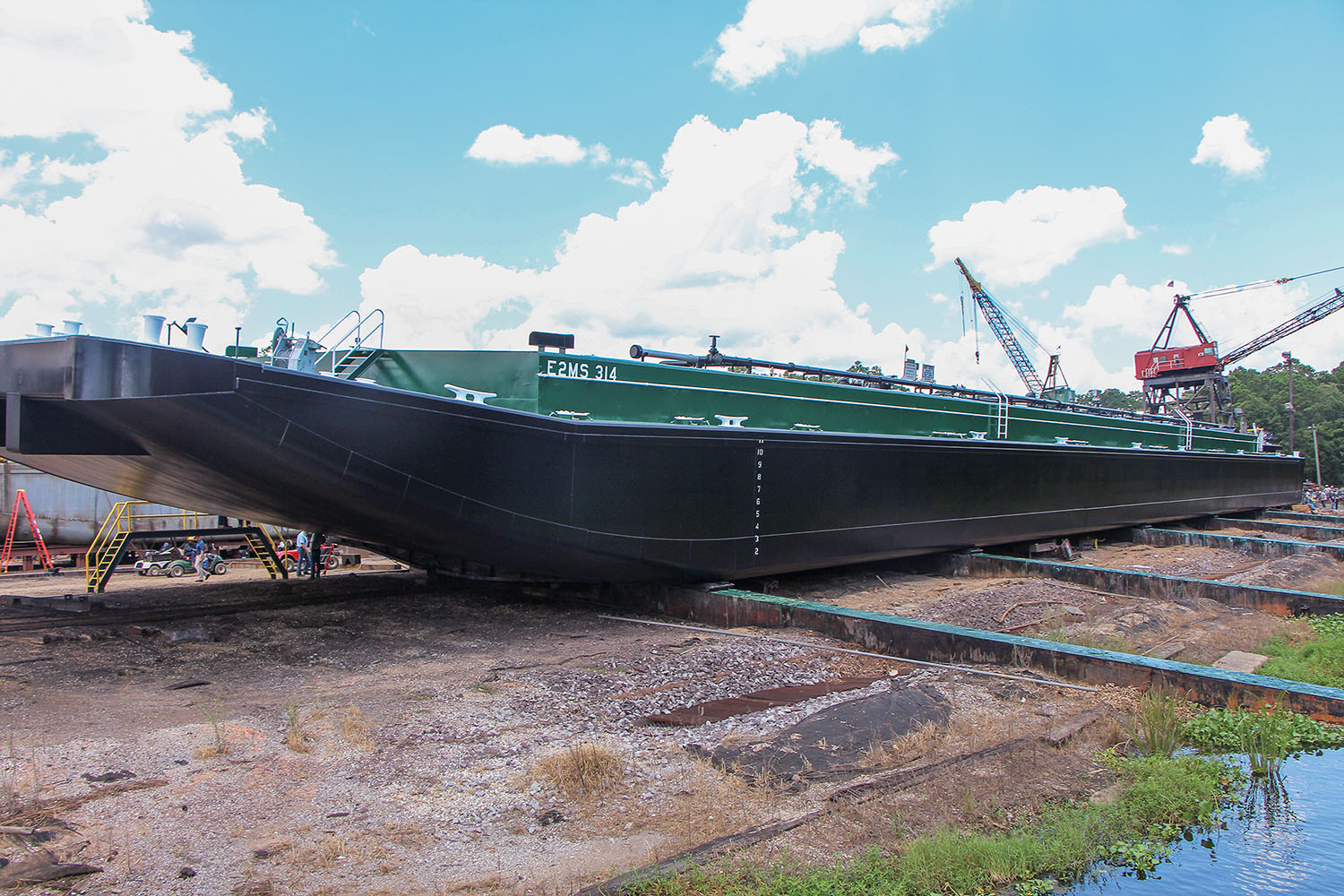 Barge E2MS 314 on launch ways at Arcosa Marine’s Madisonville, La., shipyard. (Photo by Jason Koenig)