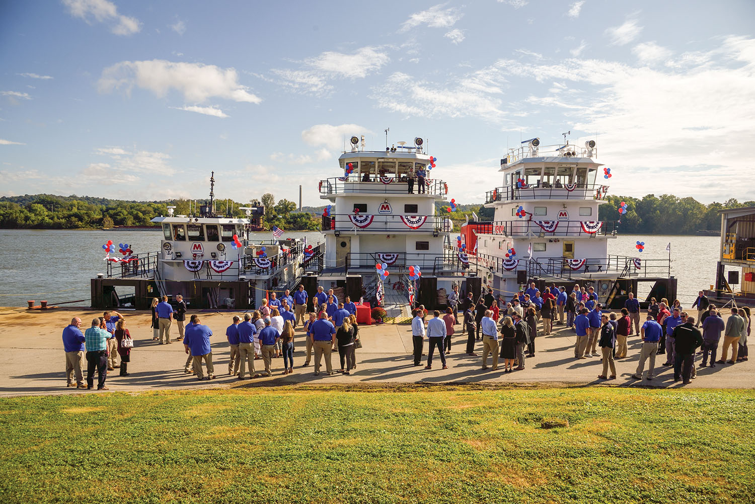 The mvs. Patoka, Mt. Vernon and Kenova are docked at the Marathon Petroleum facility at Catlettsburg, Ky., before their christenings on October 8. (Photo by Jim Ross)